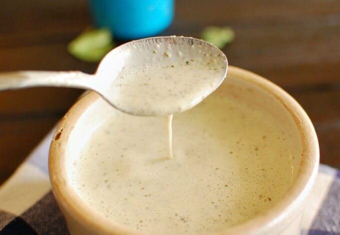Creamy garlic sauce ready to serve. Pour this over steamed veggies or pasta. | joeshealthymeals.com