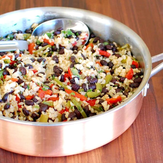 Skillet of Jamaican black beans and rice.