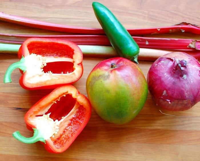Rhubarb mango salsa ingredients.