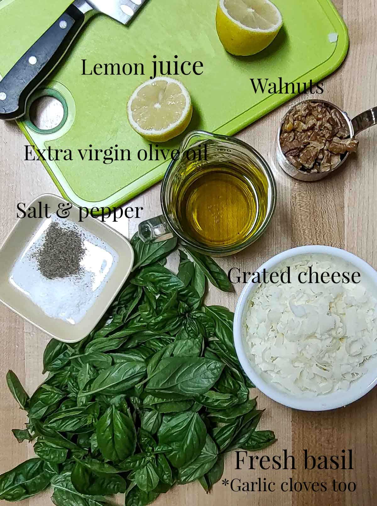 Labeled ingredients for basil pesto.