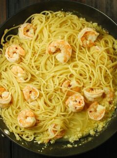 Garlic and citrus shrimp with pasta. This is a tangy recipe with just the right amount of heat. Try this next time you prepare shrimp! | joeshealthymeals.com