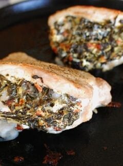 Broiled spinach stuffed pork chops. This is an easy, delicious recipe. Takes only 30 minutes to make. | joeshealthymeals.com
