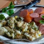 Irish colcannon with sausage on a plate.