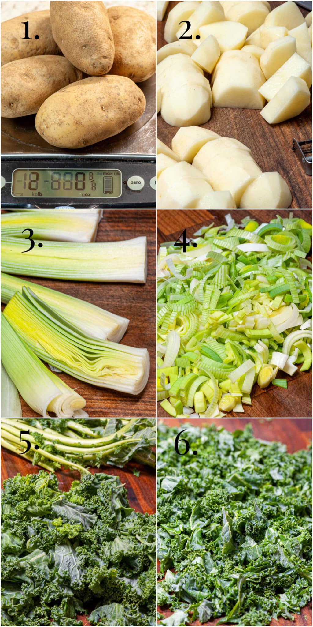 Collage of potato, leeks, and kale preparation.