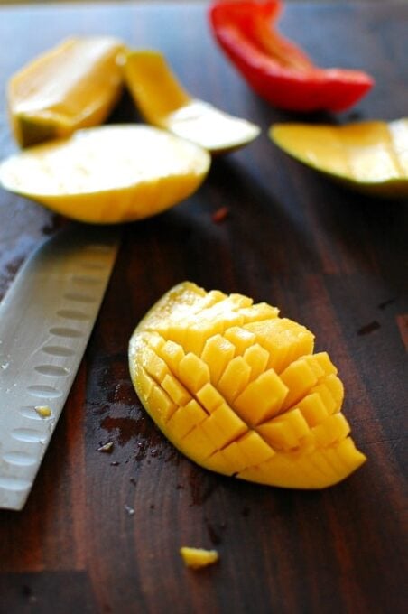 Dicing a mango. 