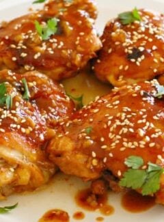 Soy honey glazed chicken thighs. Scrumptiously delicious, tender, moist chicken thighs. You have got to try THIS recipe! | joeshealthymeals.com