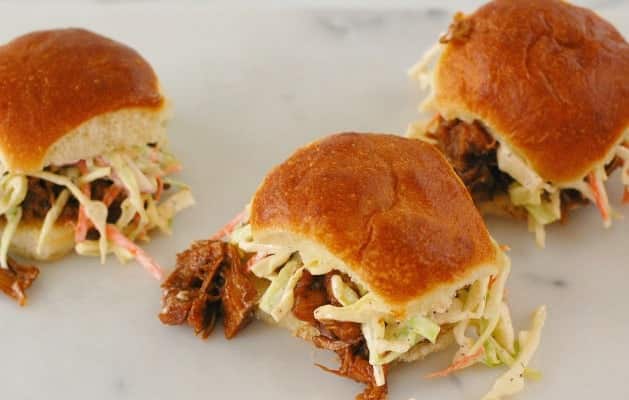 3 Barbecued Jackfruit sliders with coleslaw.