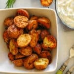 Overhead view of a roasted potato appetizer.
