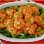 Bowl of bang bang shrimp ready to eat.