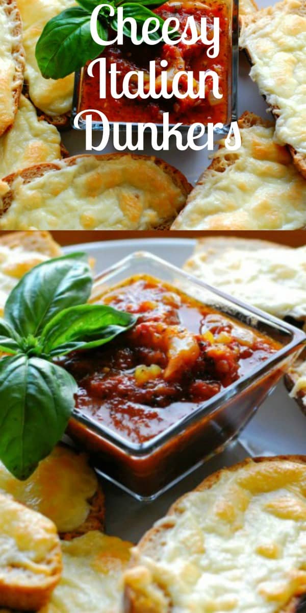 Collage of cheese bread and marinara sauce in a bowl.