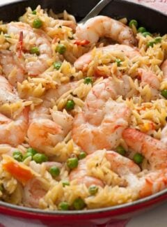 One pan orzo shrimp and tomatoes. Easy and tasty one pan meal. Perfect for the busy family! | joeshealthymeals.com