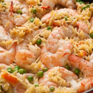 One pan orzo shrimp and tomatoes. Easy and tasty one pan meal. Perfect for the busy family! | joeshealthymeals.com
