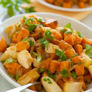 Sweet potato and caramelized onion skillet. This is a perfect recipe to serve during the holidays. | joeshealthymeals.com