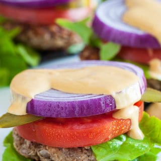 Nutty oat burgers with portobello caps. | joeshealthymeals.com