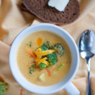 Vegetarian broccoli cheddar cheese soup. Delicious and creamy recipe for this satisfying soup. Like Panera Bread! | joeshealthymeals.com