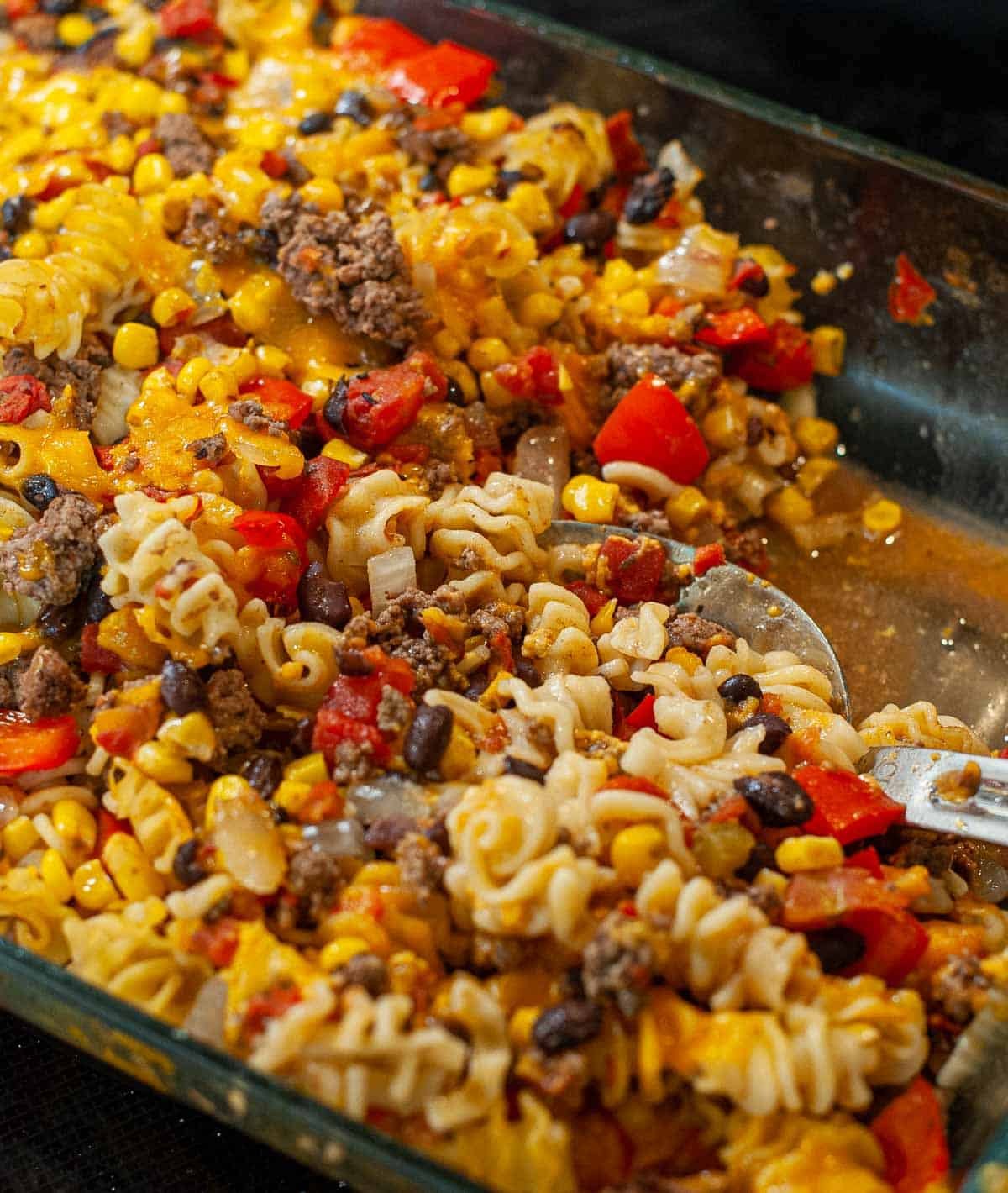 Close up of the baked casserole ready for serving.