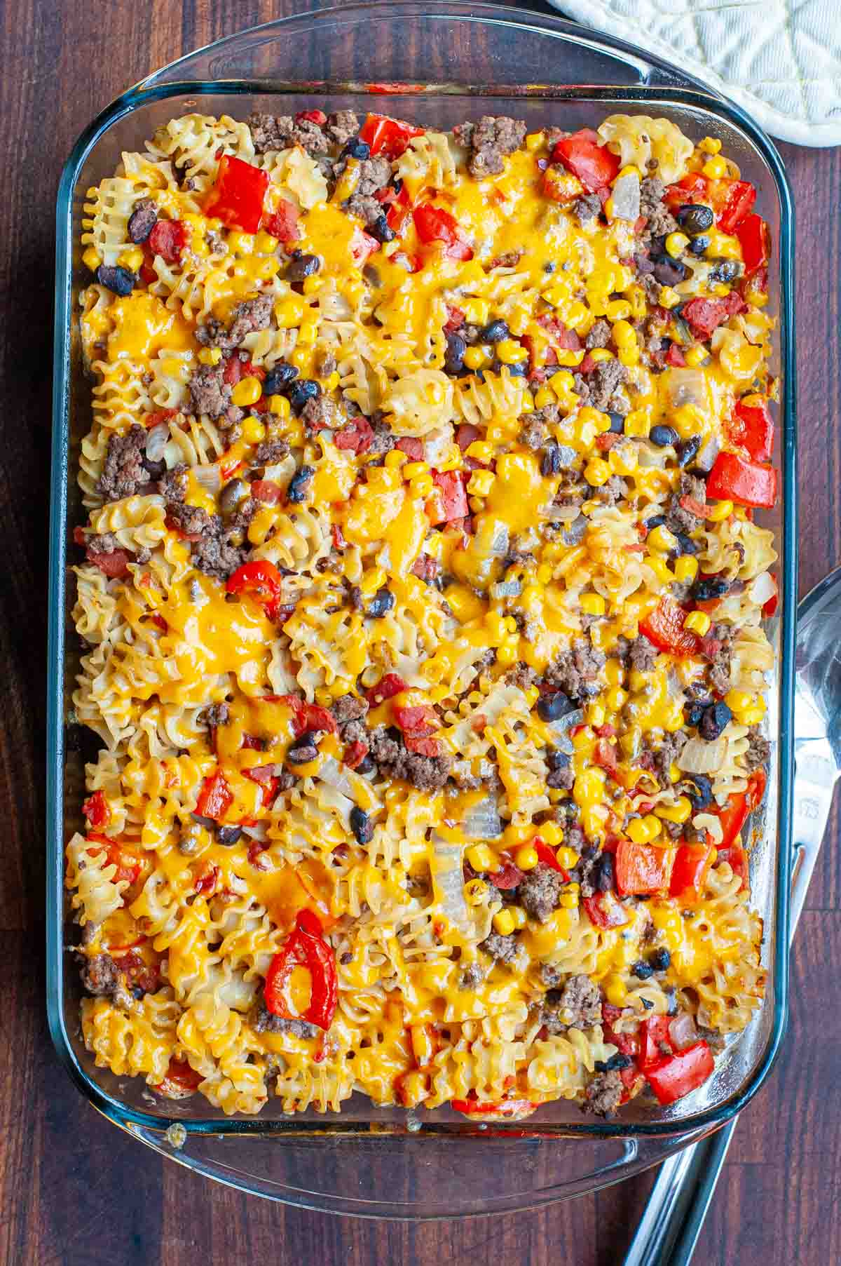 Overhead view of a Mexican ground beef casserole .