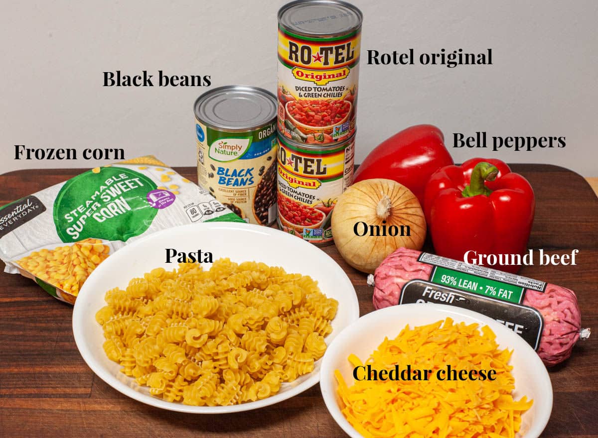 Ingredients for Mexican ground beef casserole.