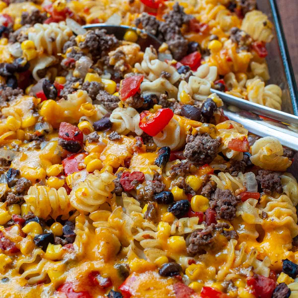 Mexican casserole in a glass baking dish.