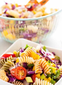Cold mango pasta salad. Refreshing and simple, this is a great summertime salad to have with any meal. | joeshealthymeals.com
