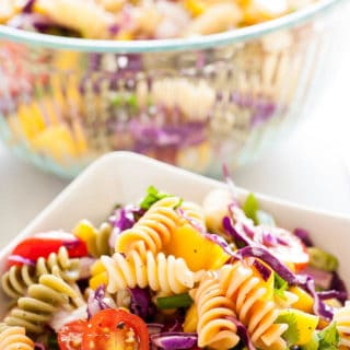 Cold mango pasta salad. Refreshing and simple, this is a great summertime salad to have with any meal. | joeshealthymeals.com