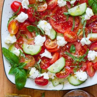 Cucumber balsamic caprese salad. Next time you make a caprese salad, reduce the balsamic vinegar to boost the flavor and add in some cucumber. | joeshealthymeals.com