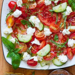 Cucumber balsamic caprese salad. Next time you make a caprese salad, reduce the balsamic vinegar to boost the flavor and add in some cucumber. | joeshealthymeals.com