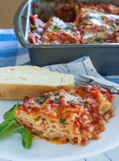Meatless cottage cheese lasagna. Delicious version of an old recipe using cottage cheese rather than ricotta. Just like my mom would make. This is meatless with the umami kicked up with anchovies. | joeshealthymeals.com