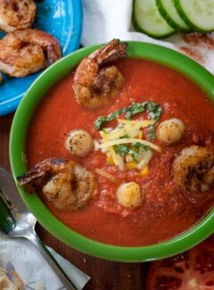 Summertime seafood gazpacho. Perfect warm weather meal. | joeshealthymeals.com