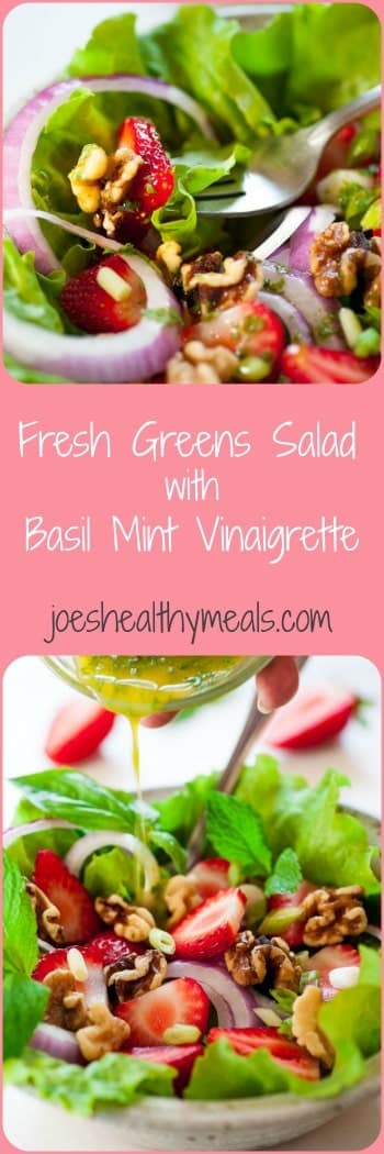 Fresh greens salad with basil mint vinaigrette collage. Tasty combination of flavors for a healthy salad. | joeshealthymeals.com