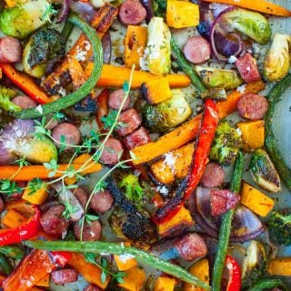 Roasted vegetables in a sheet pan.