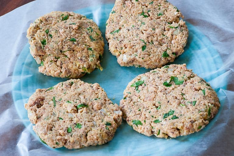 Salmon patties ready to fry.