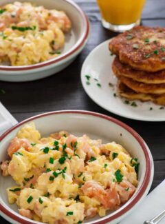 Creamy scrambled eggs with smoked salmon. Tasty for breakfast, lunch, or dinner. | joeshealthymeals.com