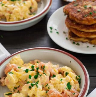 Creamy scrambled eggs with smoked salmon.