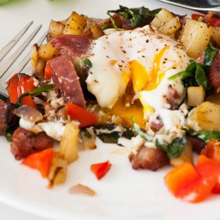 Breakfast hash with bacon and salami. | joeshealthymeals.com