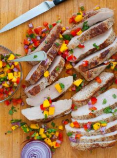 Healthy pork tenderloin steaks with spicy salsa. | joeshealthymeals.com