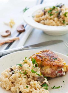 Pressure cooker mushroom risotto plated and ready to eat. | joeshealthymeals.com