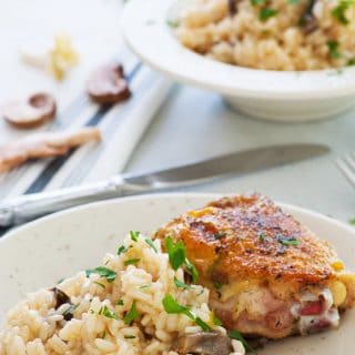 Pressure cooker mushroom risotto plated and ready to eat. | joeshealthymeals.com