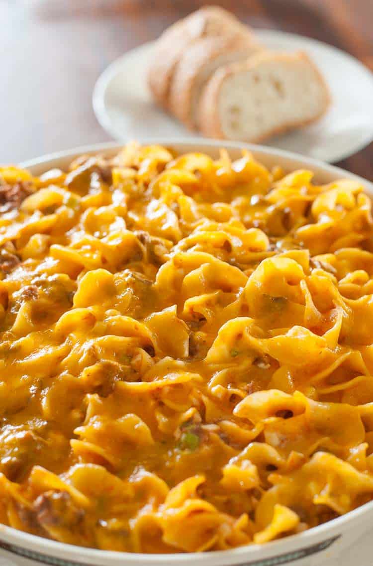 Cheesy beef casserole out of the oven. 