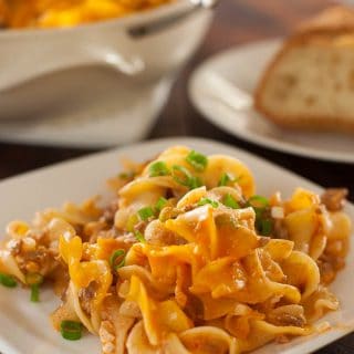 Cheesy beef noodle bake served warm with a good, crusty bread. | joeshealthymeals.com