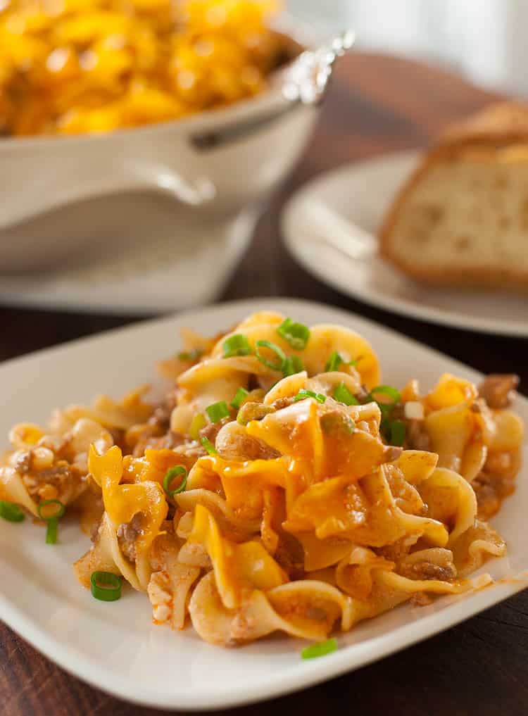 Bowl of Cheesy beef noodle bake served warm with a good, crusty bread.