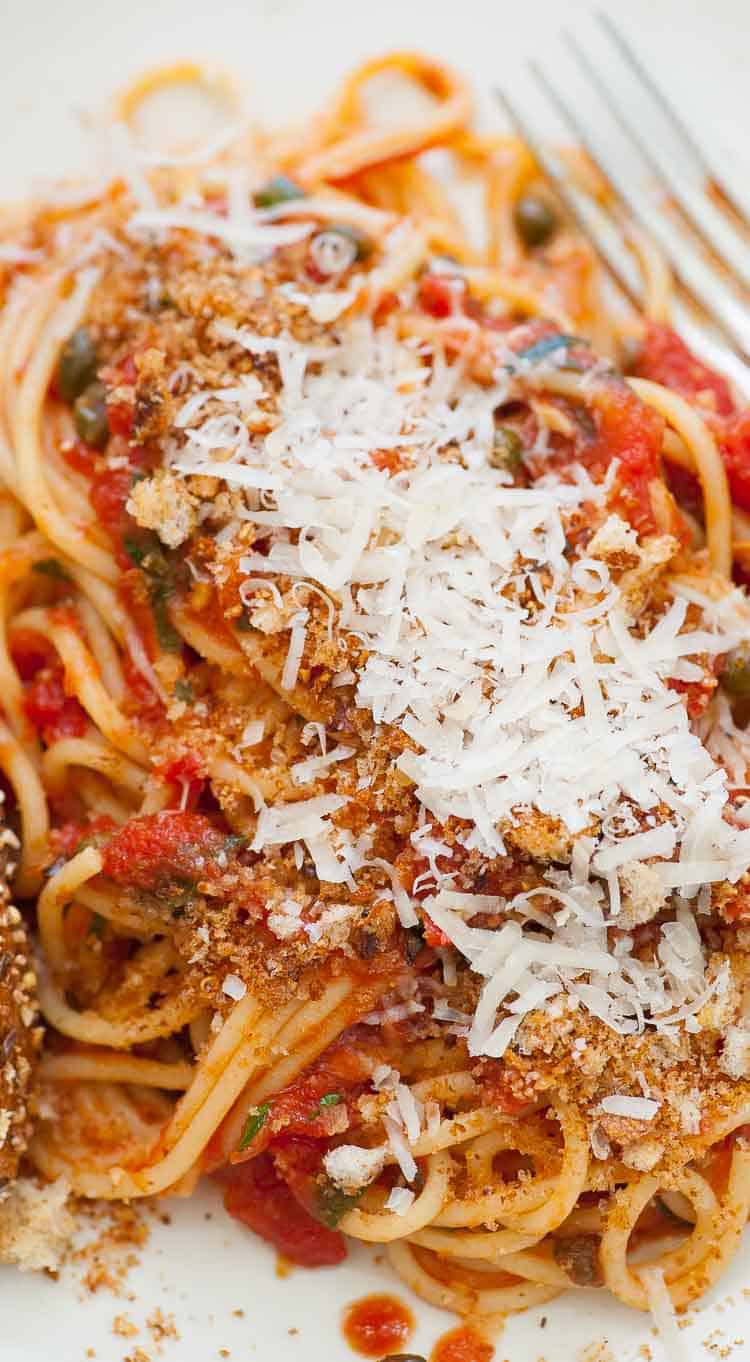 Plated midnight spaghetti close-up.