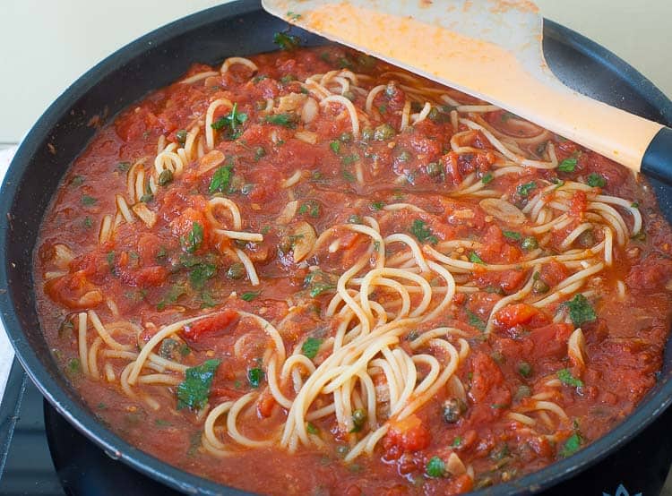 Midnight spaghetti sauce in a skillet ready to serve.