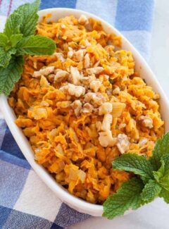 Sauteed shredded sweet potatoes is a perfect side dish kicked up with onions and walnuts. | joeshealthymeals.com