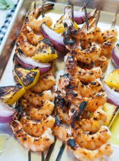 Grilled shrimp kabobs with orange glaze. | joeshealthymeals.com