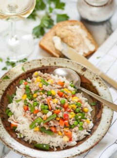 Ground pork gravy with mixed vegetables on rice. | joeshealthymeals.com