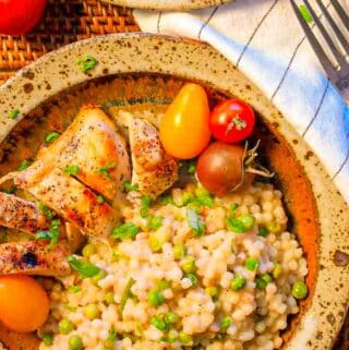 Overhead view of a bowl of couscous.