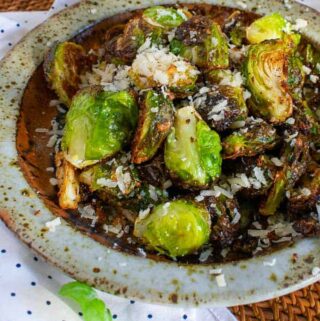 Bowl of Parmesan roasted Brussels sprouts.