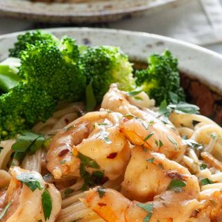 Perfect creamy shrimp scampi with sweet shrimp flavor and a hint of red pepper flake heat.