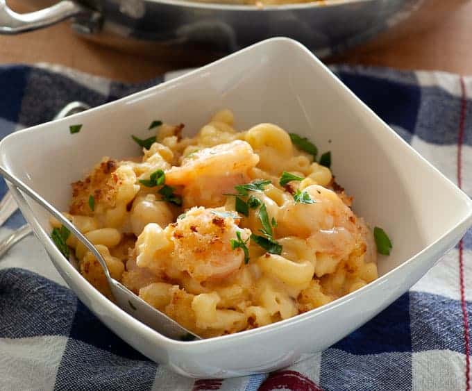 Shrimp mac and cheese ready to eat in a bowl